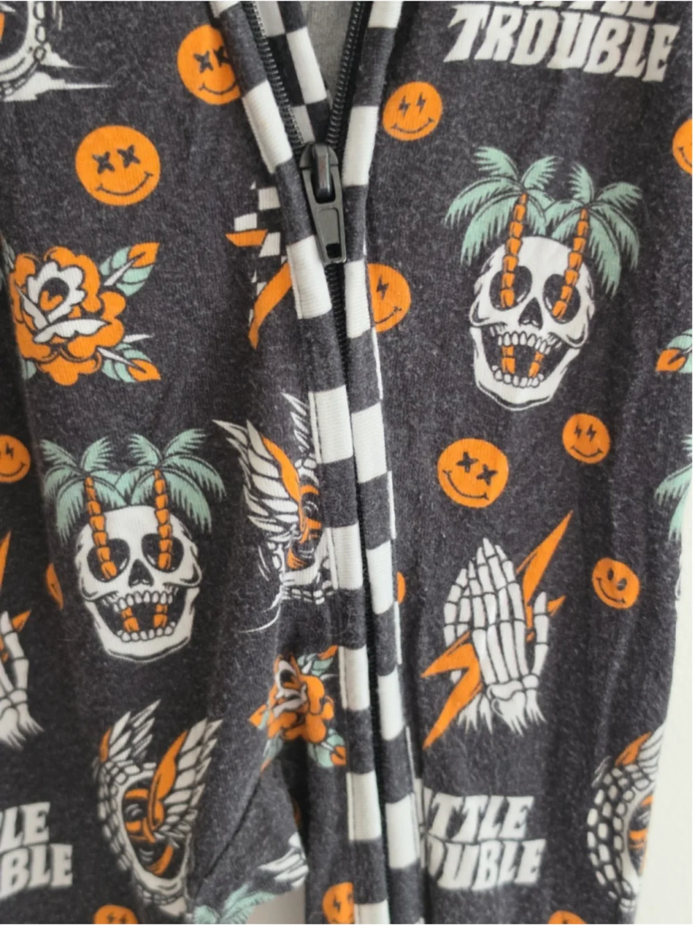 Little Trouble Skull Checkered Bamboo Viscose Zipper Pajamas Romper Sleeper